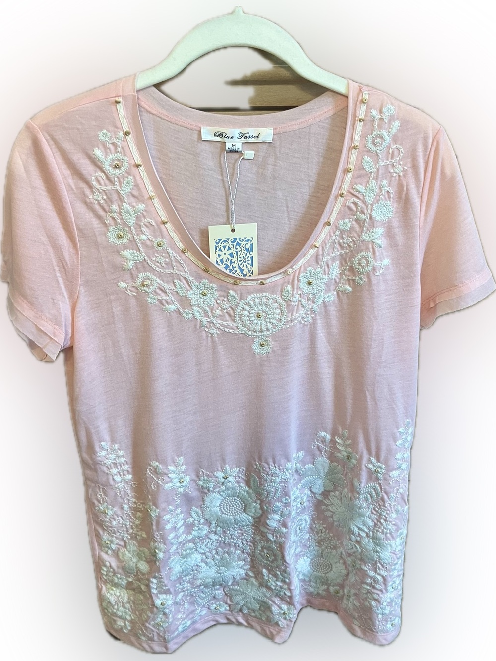 Blue Tassel Women's Blush Embroidered Short Sleeve Tee